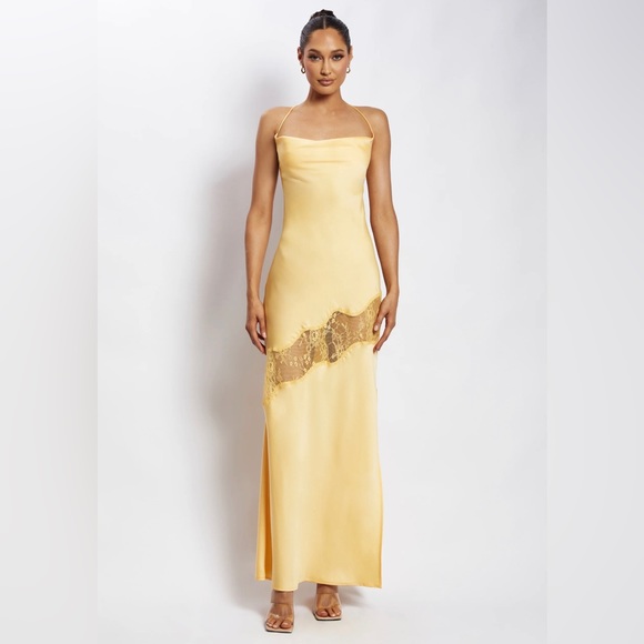 Meshki Dresses & Skirts - meshki chandra lace detail satin maxi dress - lemon